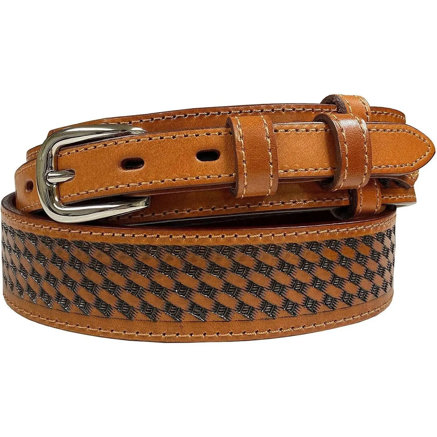 Western Pattern. Basketweave. Floral Tooled Engraved Genuine Full Grain Leather Ranger Belt, Assembled in the U.S