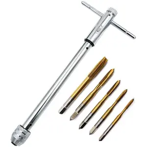 Adjustable T-Handle Ratchet Tap Holder Wrench Set + 5 count Titanium M3-M8 Machine Screw Thread Metric Plug Taps(Wrench 10" Long)