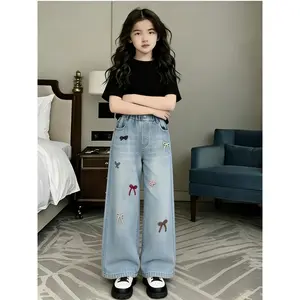 Girls' Bow Embroidered Jeans, Spring/Autumn Style, Stylish Children's Loose Fit Casual Straight-Leg Pants, Fashionable Versatile Wide-Leg Long Pants for Middle and Older Kids, Girls' Spring Pants