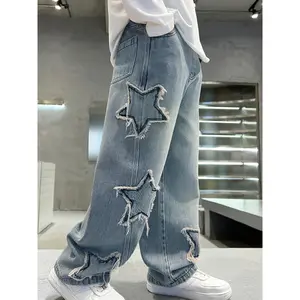 Boys' Fashion Five-Pointed Star Patch Embroidery Loose Wide Leg Denim Jeans for Teens