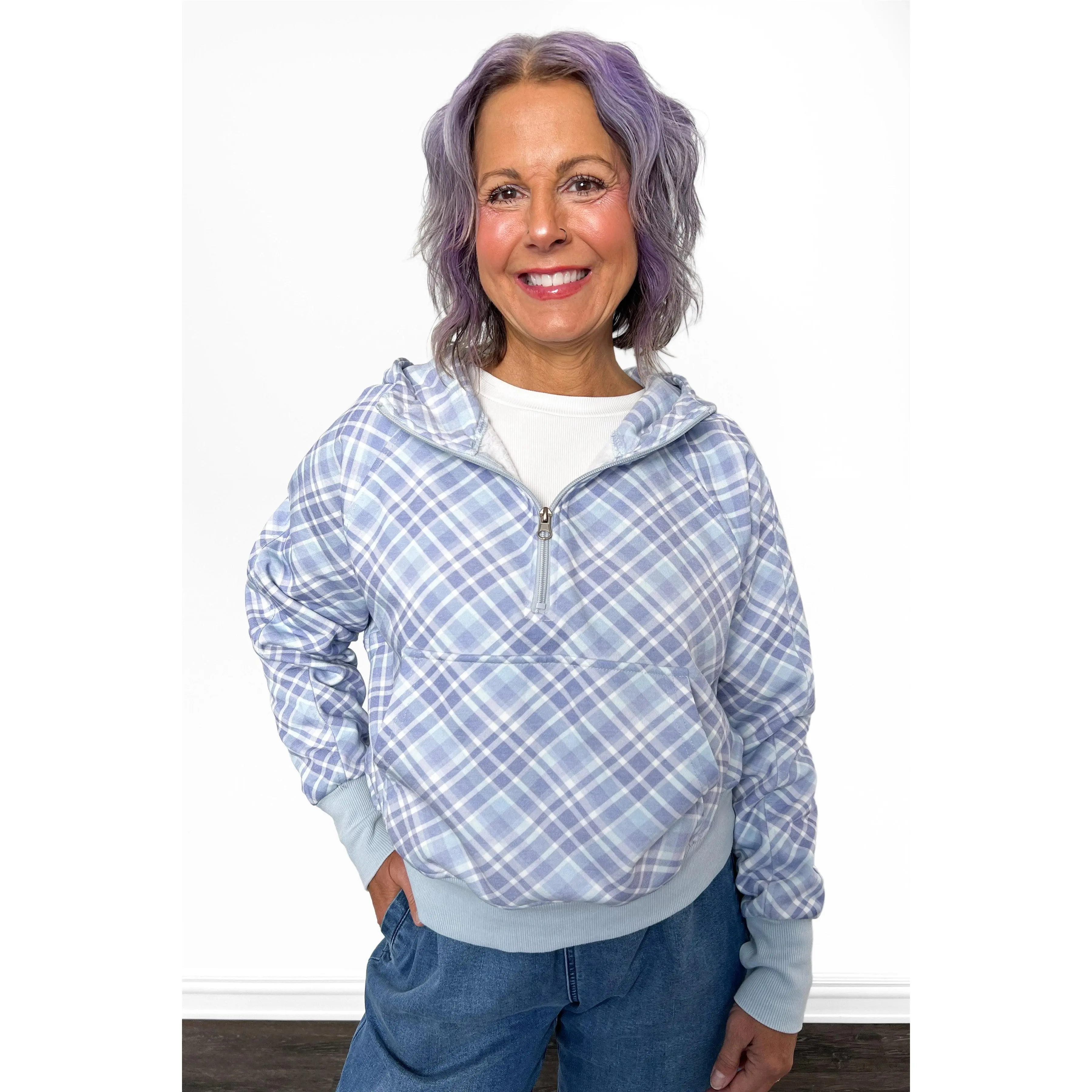 ALB Women's Custom Plaid Print Quarter-Zip Hoodie - Zipper Closure, Polyester Fabric, Ribbed Details, Stylish Design *FINAL SALE*, Style, Soft, Sweatshirts, Tops, Lady, Pocket
