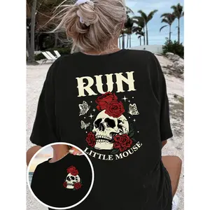 Womens Cotton Short Sleeve Graphic Tee Vintage Skull And Red Rose Print Gothic Streetwear Casual Summer Top For Concert Festival Vacation And Everyday Outfit