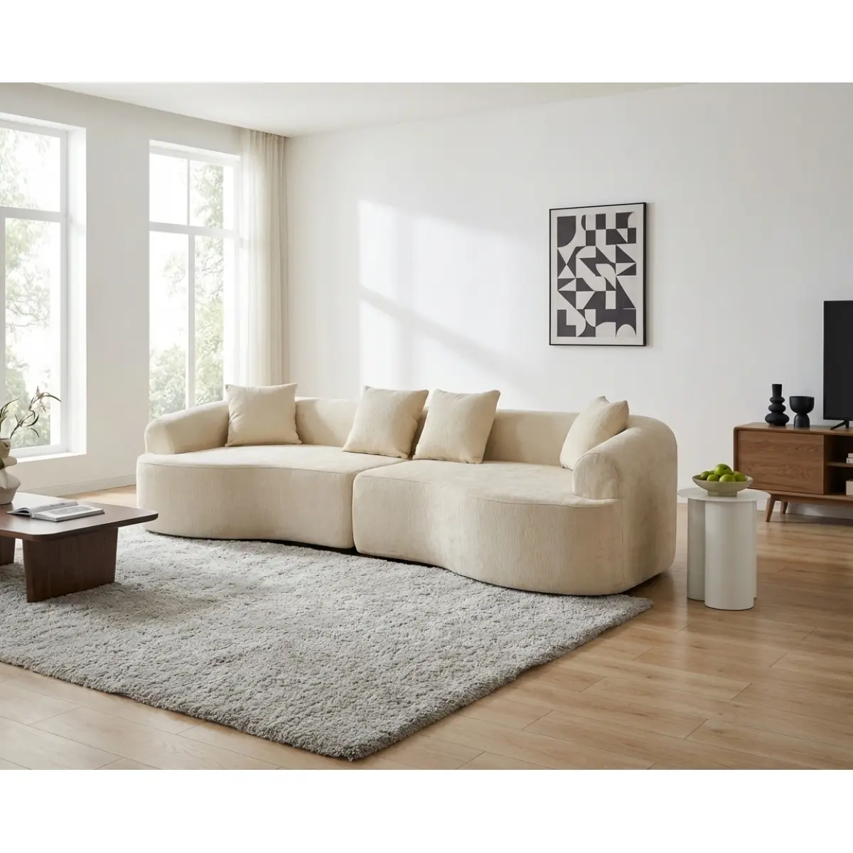 110-in High-Density Compression White Chenille Curved Boneless Sectional Couch Combo Item - 4-Seat American Casual Indoor Sofa for Living Room, Apartment, High-Density Foam