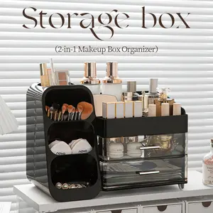 Large Plastic Makeup Organizer with Brush Holder & 2 Drawers, Bathroom Organizer for Vanity Countertop, Spacious Skincare & Cosmetic Display Case for Perfumes, Eyeshadow Palettes, Nail Polishes, Storage Organization Solution for Desk