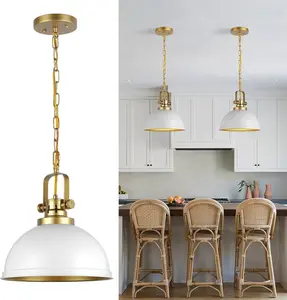 Modern White and Gold Pendant Lights, 11.8" Vintage Iron Dome Hanging Ceiling Light for Kitchen Island Dining Room