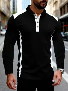 Men's Fashion Patchwork Long Sleeve Polo Shirt, Button Neck, Casual Style, Fitted Design, Suitable for Active Life and Outdoor Sports, Casual Golf Polo