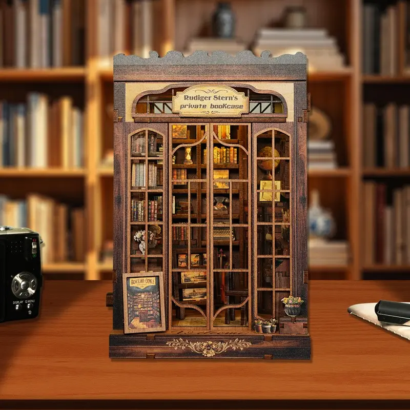 DIY Miniature House Kit Book Nook with LED Light, Retro Library Bookshelf Insert, 3D Wooden Puzzle Dollhouse Craft Kit for Adults Teens, Book Lover Gift