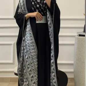 Ramadan Abaya - Elegant Black Abaya with Silver Embroidery and Matching Hijab for Festive Wear