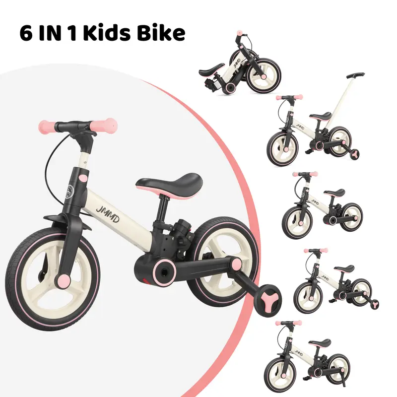 【Fall Deals】JMMD 6-in-1 Multi-Functional Children's Bicycle for 18-60M Toddlers, Foldable Pedal-Powered Balance Bike with Training Wheels, Push Handle, Brakes, Kickstand, Ride-On Toy Gift for Boys & Girls, Childrens Bicycle, Foldable Kids' Bikes