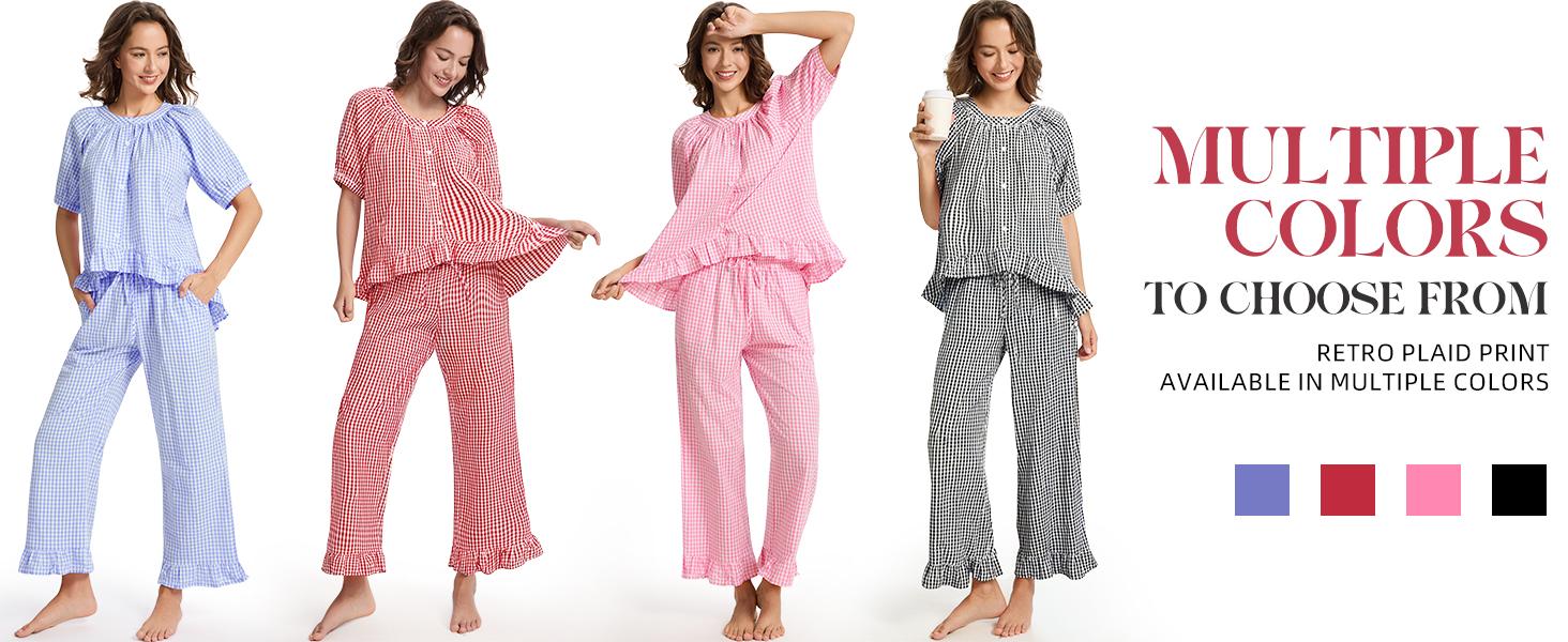 Yimoon Gingham Pajama Set for Women 2 Piece Plaid Cotton Button Down Top and Pants Pjs Ruffle Lounge set Sleepwear Casual Chic