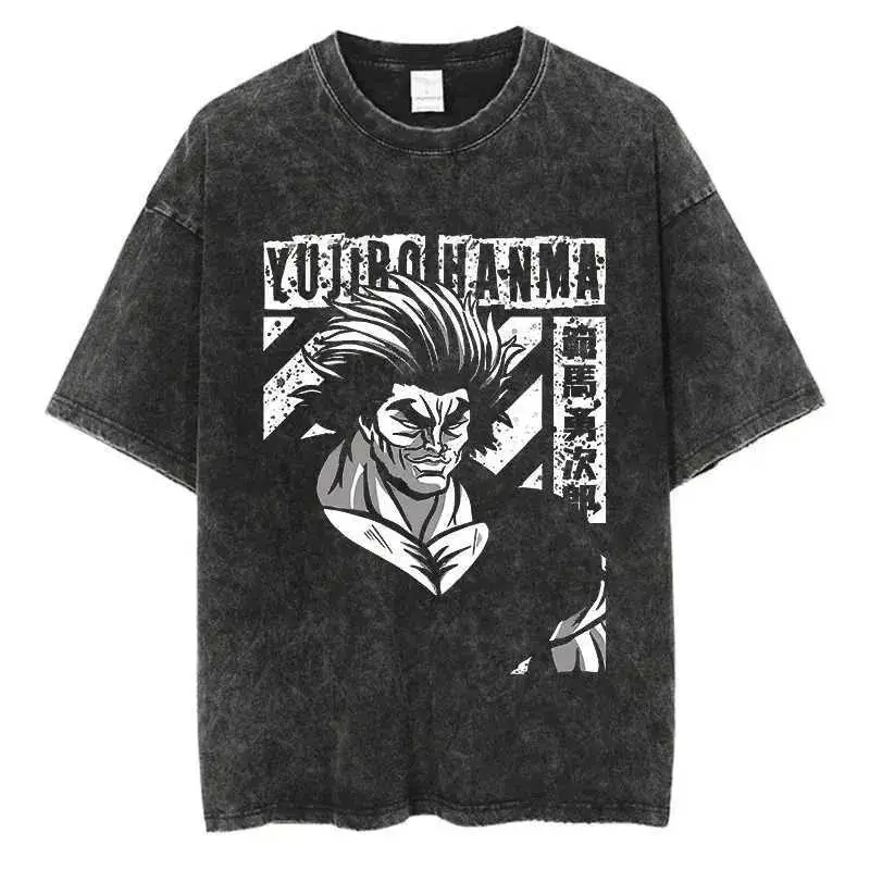Baki Hanma Shirt, Yujiro Hanma Ogre Oversized Tshirt, Vintage Anime Graphic Tee, Acid Wash Streetwear, YUJIRO HANMA Stencil Text Japanese Kanji Portrait Front Graphic Top, Heavyweight Cotton Harajuku Apparel Unisex Tee