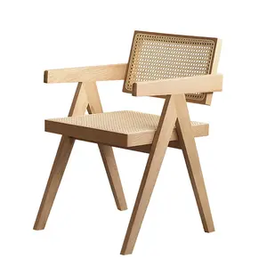 Modern Mid Century Dining Chair with Armrests, Rattan Accent Armchair, Comfy Wood Chair for Living Room Bedroom Reading Room Dining Kitchen, Natural Wood Finish, Single Chair, Dining Room Chairs for Kitchen, Dining Room, Living Room