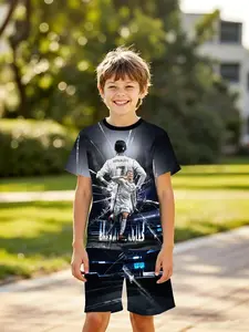 Boys' 3D Short Sleeve Set, Youth Kits, Cristiano Ronaldo Full Print Casual Athletic Sports Wear, Children's Outdoor Play, Holiday Gift, Birthday Present, Suit