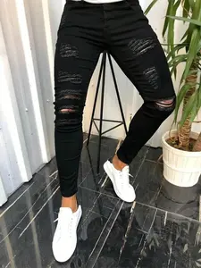 Men's Regular Fit Ripped Denim Jeans Washed Solid Color Elastic Tight Fashion Streetwear Pencil Pants, Casual Slim-Fitting Natural Waist All Seasons