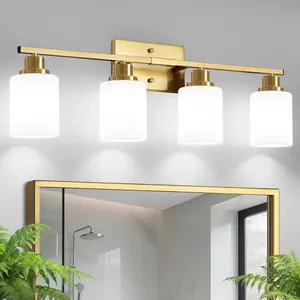 Bathroom Light Fixtures, 4-Light Vanity Light Over Mirror, Gold Wall Sconces with Milky White Frosted Glass Shades, Wall Lamp for Living Room Bedroom, E26 Base(Bulbs Not Included)
