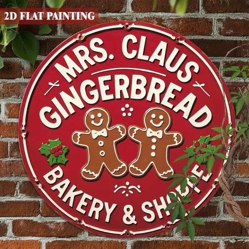 Vintage Gingerbread Bakery Sign 8x8 Inch Round Red White Retro Aluminum Wall Art for Kitchen Christmas Holiday Home Decor