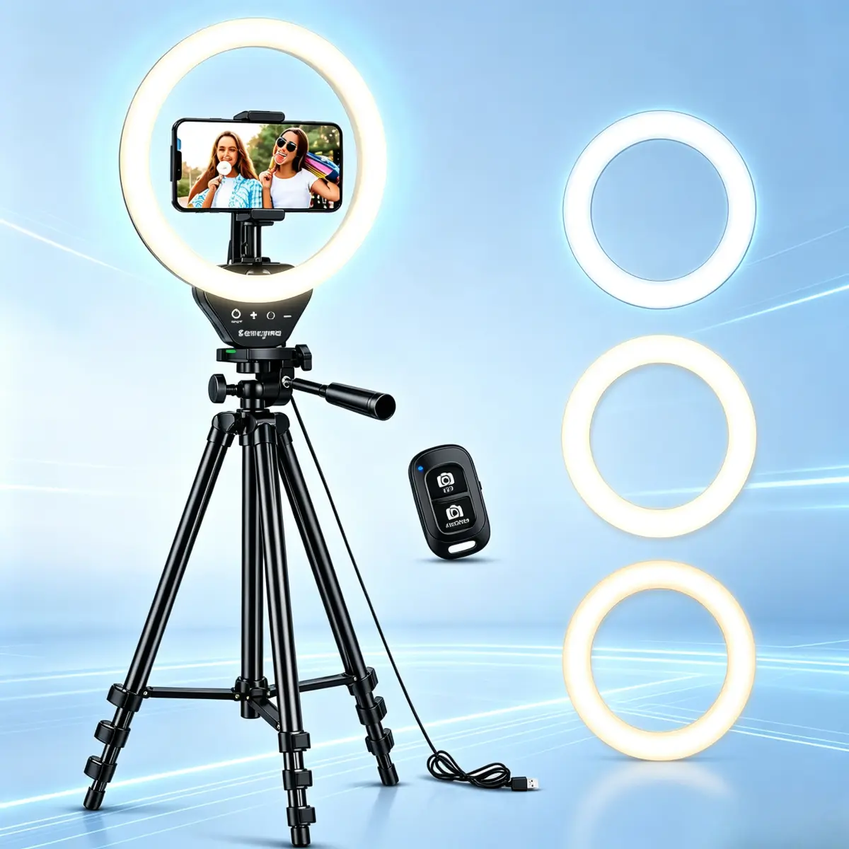 Ring Light with Stand, 50" Phone Tripod for iPhone & Android, LED Ring Light with Remote, 3 Color Modes & 10 Brightness Levels for TikTok, Zoom & Video Recording