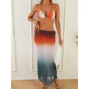 2026 New Orange White Ombre Triangle Bikini + Mesh Ombre Maxi Skirt 3 Piece Set Beach Swimwear