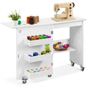 VIVOHOME Folding Sewing Craft Table, Rolling Sewing Machine Desk with Storage Shelves, Sewing Cabinet with Lift for Small Spaces