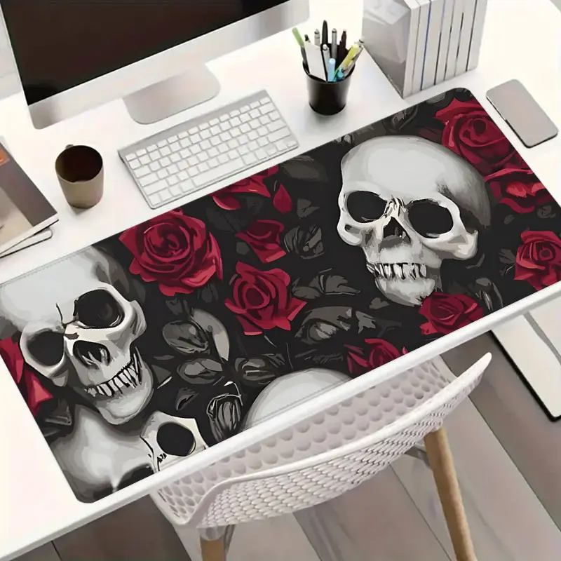 Red Rose Mouse Pad Skull Desk Mat Extra Large Mousepad 35.4x15.7 Inches Office Keyboard Pad Non-Slip Stitched Edge Rubber Base Desk Accessories for Office Home Christmas Gifts For Girl Women Men