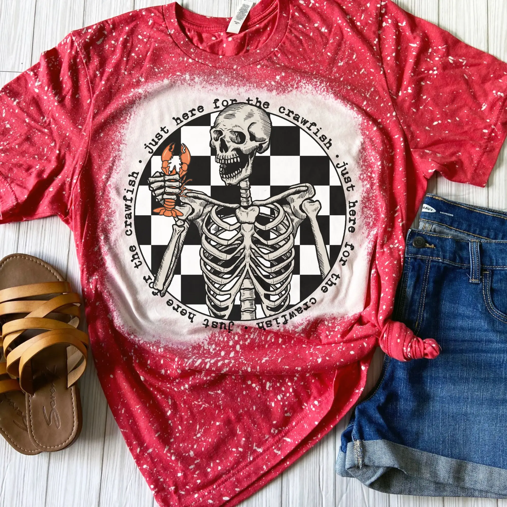 Just Here For The Crawfish Bleached T-Shirt - Red