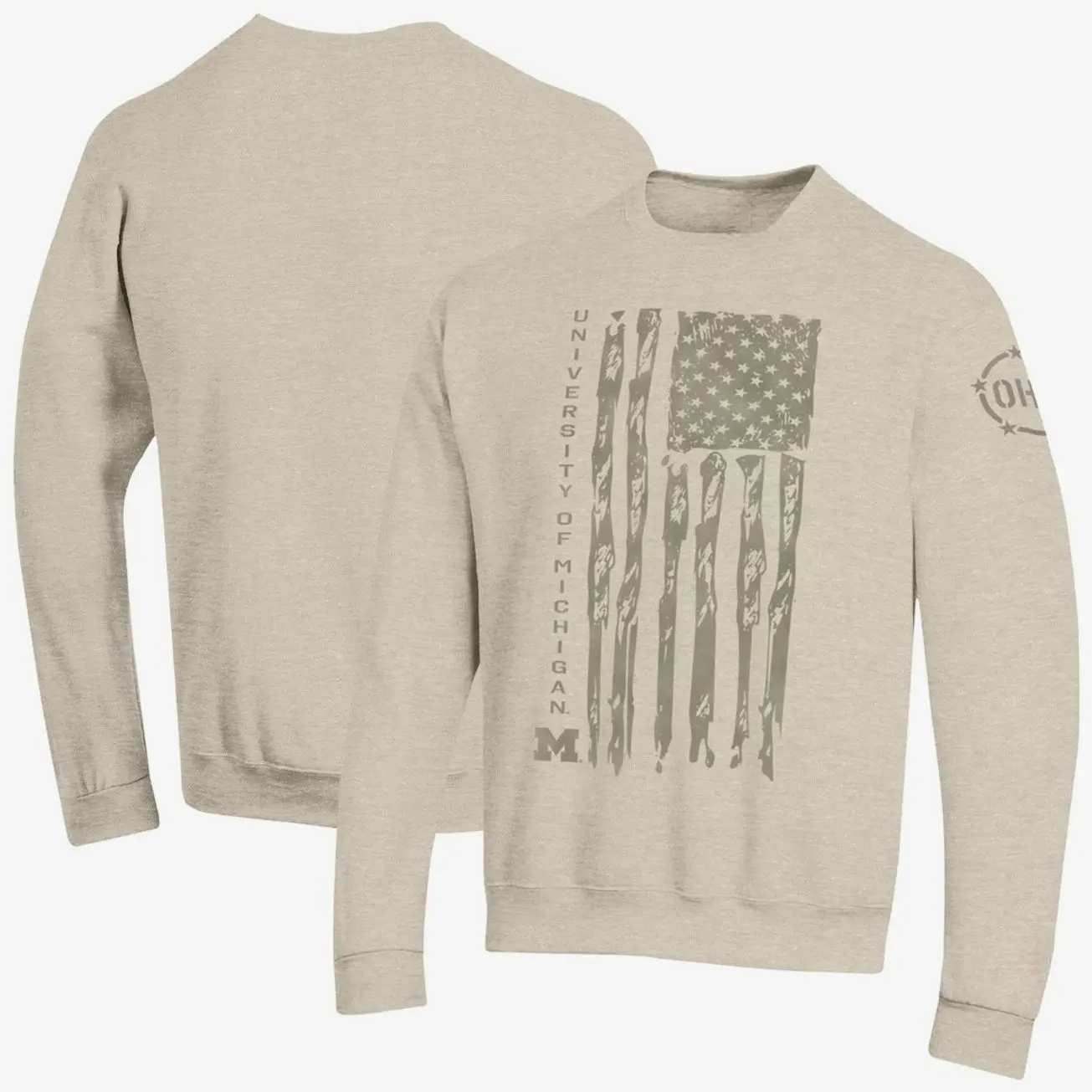 Michigan Wolverines Operation Hat Trick Flag Fleece Crewneck Sweatshirt - Oatmeal Vintage Graphic T-Shirt, Oversized Streetwear Tee, Premium Cotton Short Sleeve Top, Retro Y2K Casual Unisex Shirt for Men & Women