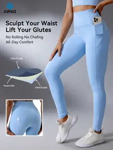 AIRILA Front Tummy Shaping & Back Support Yoga Leggings for Women, Memory Compression Band M-Smile Line Butt Lifting, Anti-Roll Waistband No Inner Seam Workout Pants for Gym Fitness Daily Wear