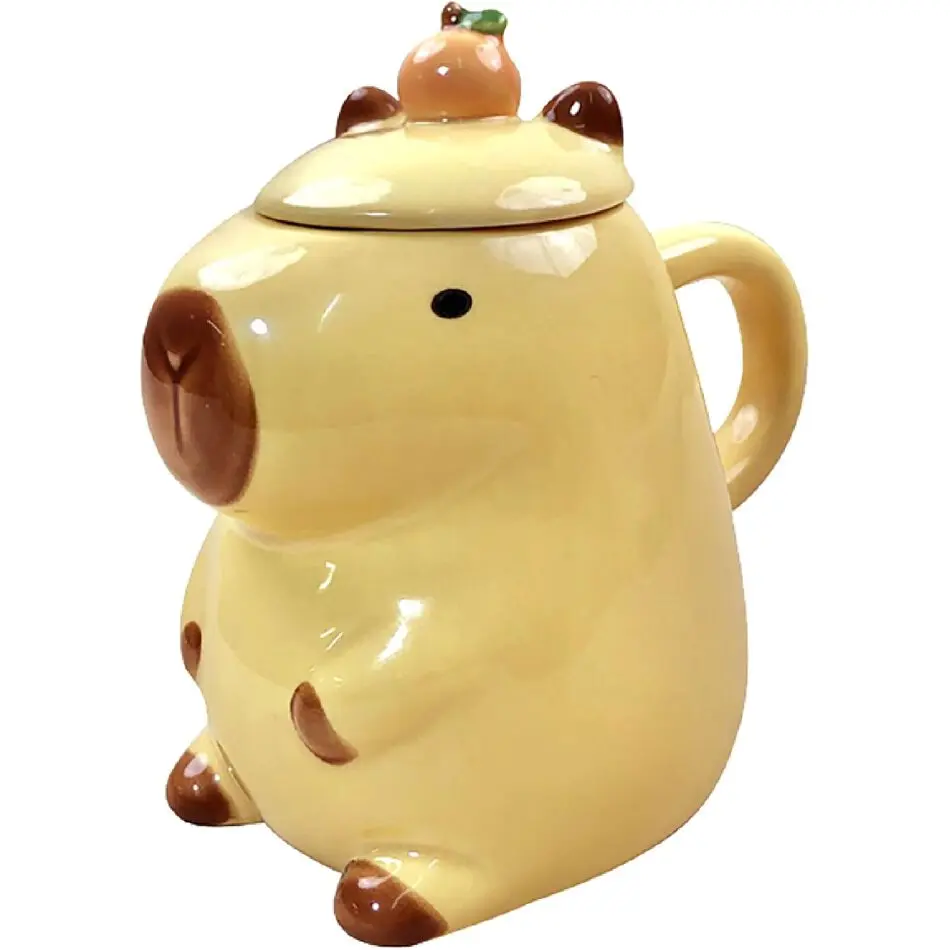 16 Oz Yellow Capybara-Shaped Ceramic Tumbler with Lid - Kitchenware Drink Cup, Funny Unique Gift for Coffee or Drink