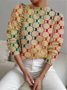 Women's Geometric Pattern Colorblock Sweater, Casual Long Sleeve Knit Top, Fall Winter Fashion, Comfortable and Warm, Knitwear