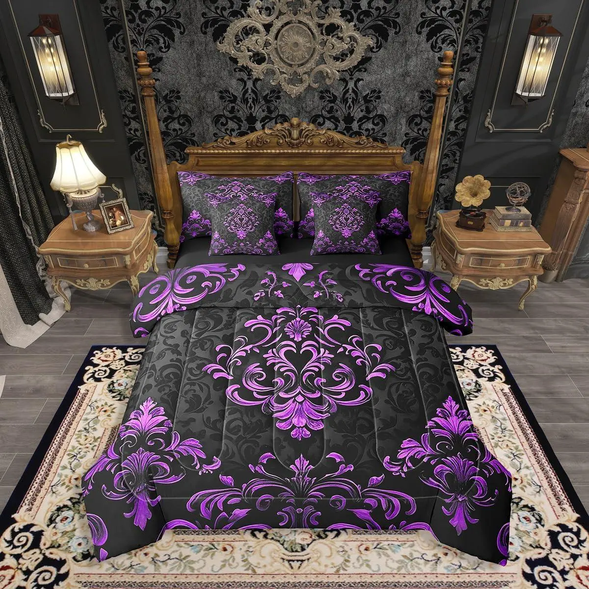 Feelyou 7-Piece Gothic Vintage Bed Comforter Set - Black-Purple Damask Floral Bedding, Multi-Size Boho Victorian Baroque Bed-in-A-Bag with Sheets, Machine-Washable Queen Comforter Set for Adults, Gothic Bedding, All-In-One Bedding Sets Collections