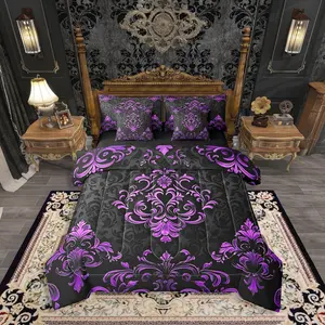 Feelyou 7-Piece Gothic Vintage Comforter Set - Black Purple Damask Floral Bedding, Multi-Size Boho Victorian Baroque Bed-in-A-Bag with Sheets, Machine-Washable for Adults