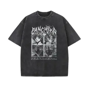 Vintage Washed Black Unisex T-Shirt – Grunge Anime Girl Panel & Deathmetal Typography, Oversized Fit for Outdoor Streetwear & Gothic Aesthetic