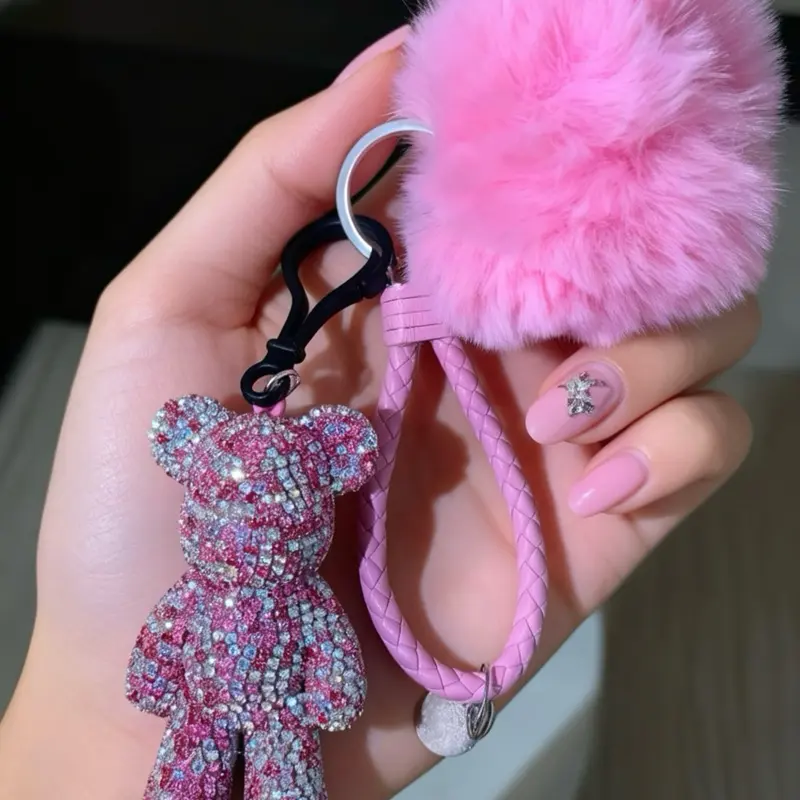 Luxury Full Diamond Bear Bag Charm Keychain with Fur Pom Pom – USA Seller