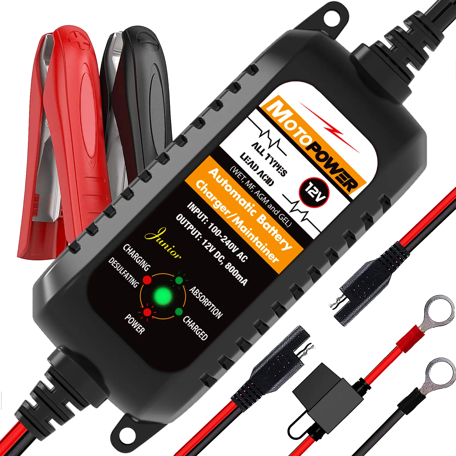 MOTOPOWER MP00205A 12V 800mA ETL Certified Car Battery Charger - Maintainer, Trickle Charger, Desulfator with Safety Protection, Timer, 12V Lead-Acid Readiness, Just Plug in and Charge