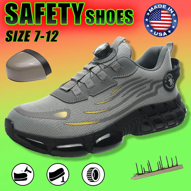 Men's Lightweight Work Shoes, Casual Steel Toe Trainers with Breathable Striped Fabric and Anti-Slip Soles, Footwear, Worker, Round Toe