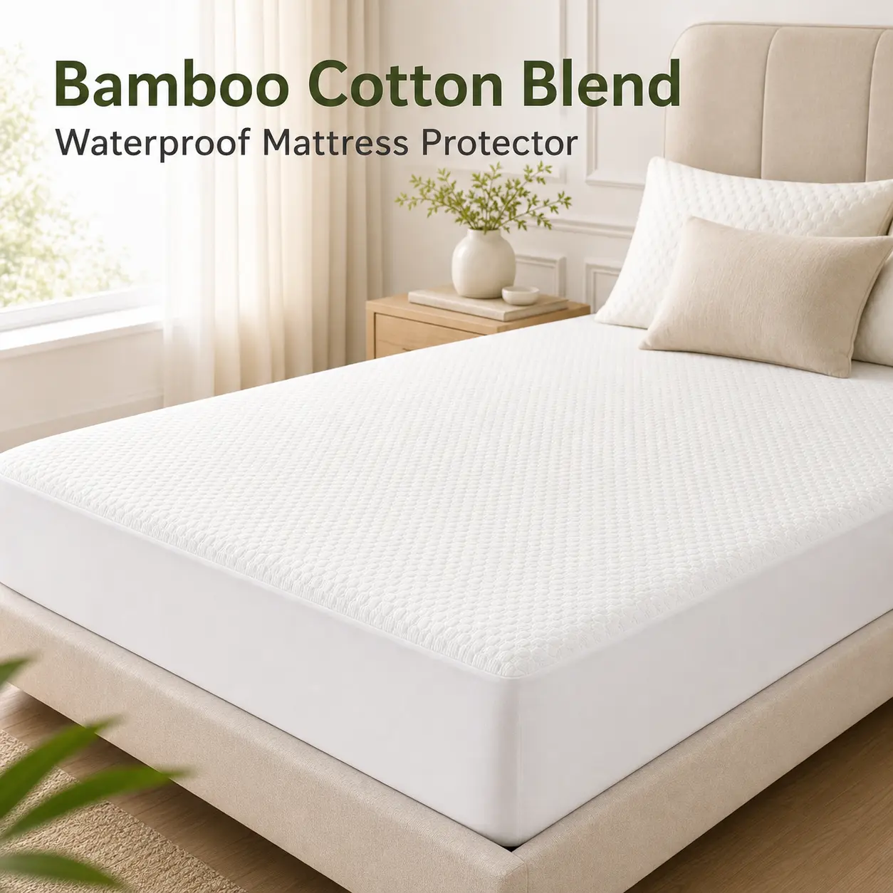 Waterproof Mattress Protector Pad - Organic Cotton Blend & Bamboo Viscose, Soft Breathable Noiseless Waffle Design, Deep Pocket Fits up to 18"