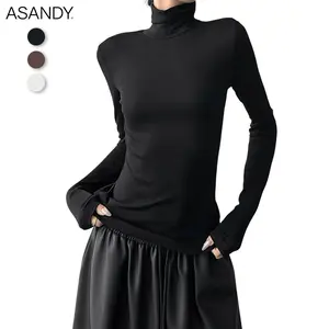 ASANDY Basic Turtleneck Slim-Fit Long Sleeve Top Stretchy Solid Color Casual Fashion Shirt for Women, High Waist, Longsleeves