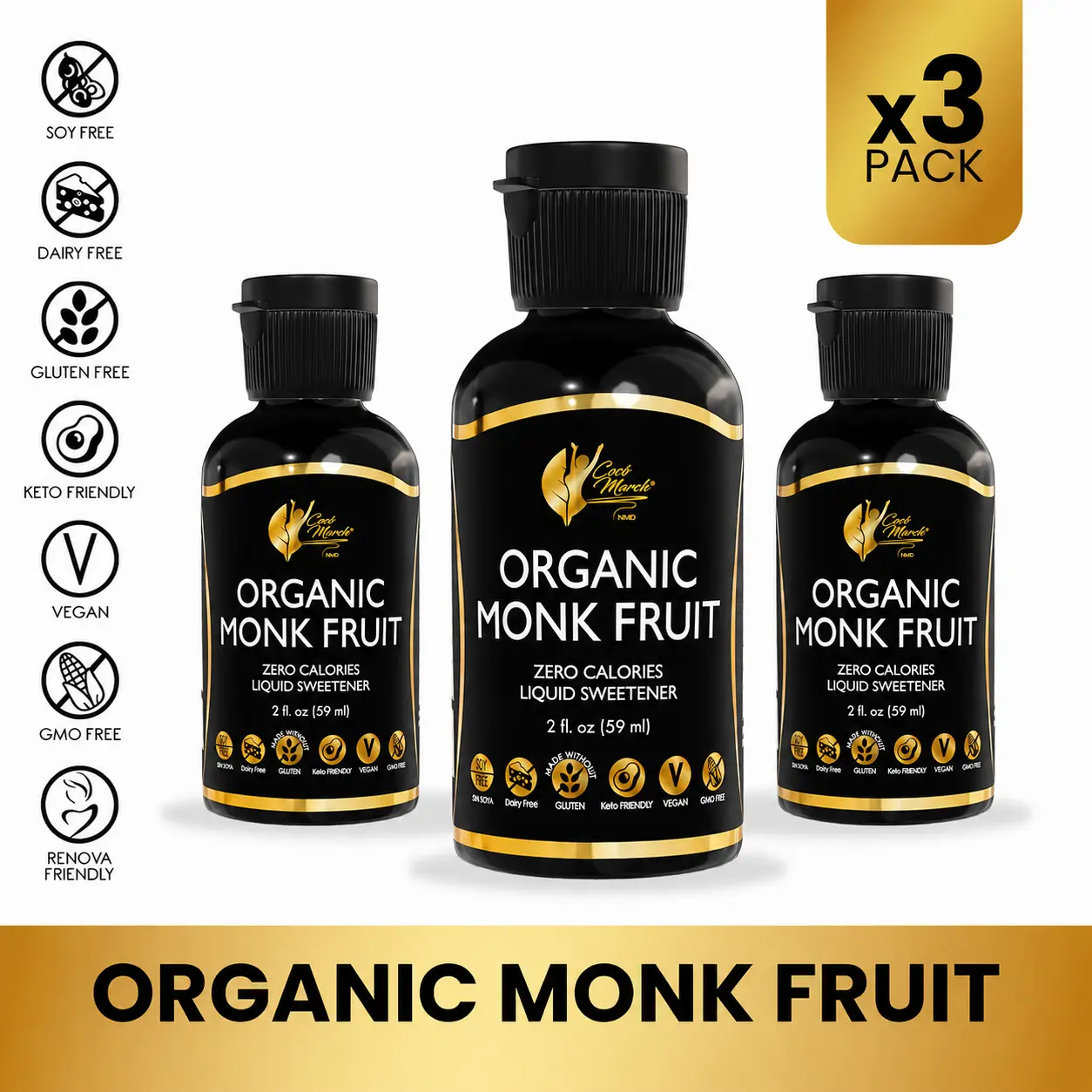 3 Bottles of Cocó March N.M.D Organic Monk Fruit, Liquid Natural Sweetener for Wellness Nutrition Sugar Flavor