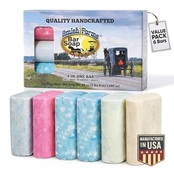 Amish Farms Bar Soap w/All Natural Bentonite Clay (6 Bars) Made in USA, Vegan Moisturizing for Sensitive Skin | Women & Mens Face & Body Bar Bath Soap for Shower | Clean Scent | 5 Ounce Each