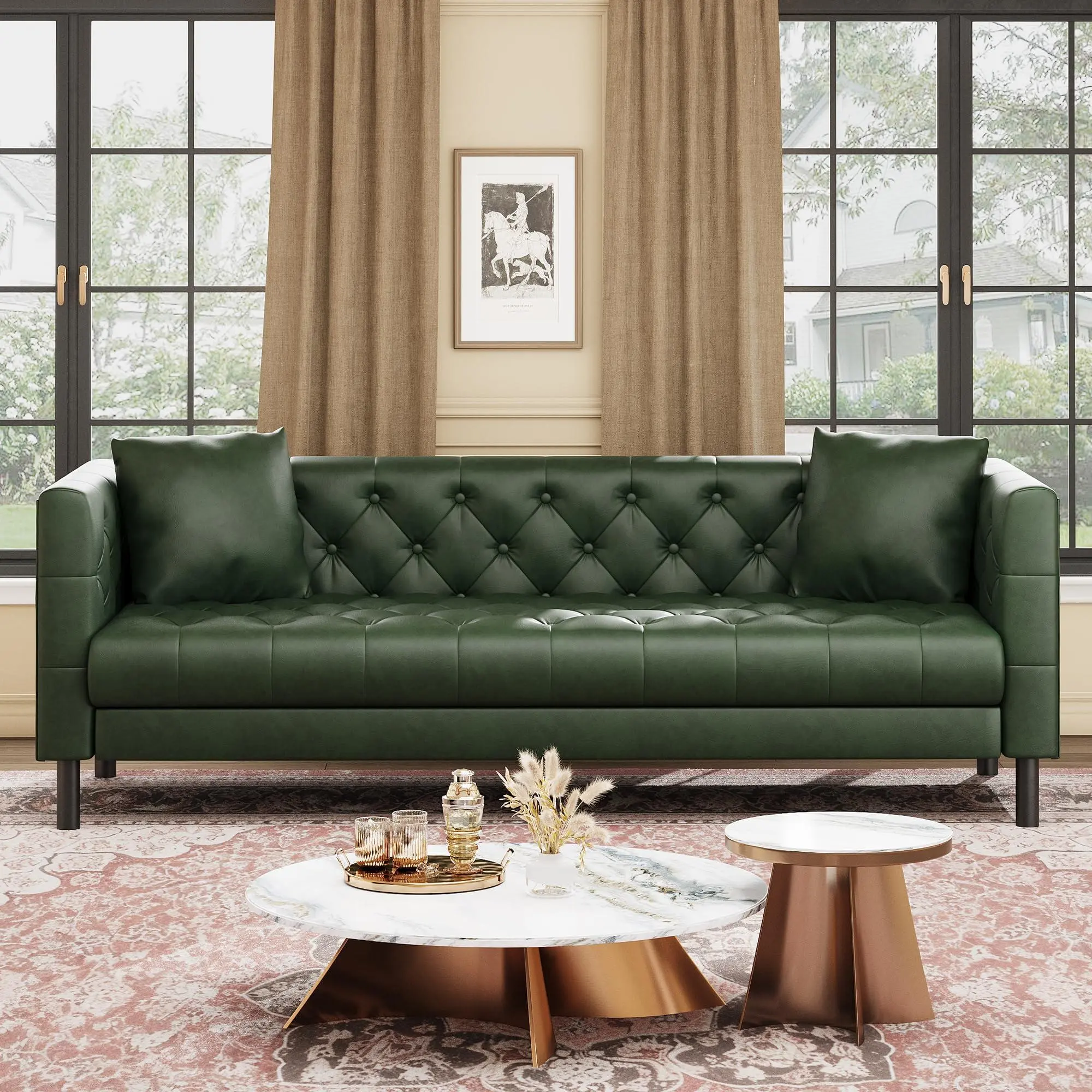Leather Sofa 81" Green, Chesterfield Style 3 Seater Couch with Deep Seat, Hand-Tufted Button Quilting, Vintage Couch for Living Room, Apartment, Office