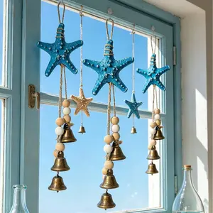 1pc Naval Blue Starfish Metal Wind Chime, Bell and Wood Bead Design, Coastal Home Decor, Perfect Gift for New Homes, Beach Weddings, Outdoor Art