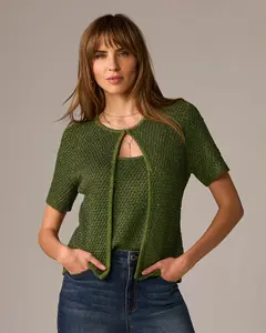Sequin and Metallic Short Sleeve Cardigan & Tank Set Metallic Bronze Green
