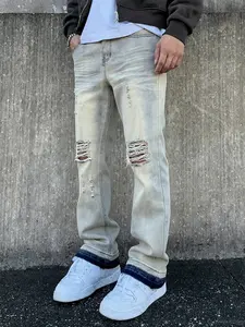 Four Seasons Men's Slim Elastic Ripped Straight Leg Denim Jeans, Trendy Street Style Casual Streetwear All-Match Fashion Pants, Urban Leisure Jeans, Ideal Gift for Husband or Boyfriend