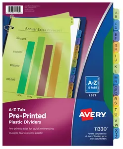 Avery Plastic A-Z 12-Tab Dividers for 3 Ring Binders, Pre-Printed Multicolor Tabs, 1 Set (11330)