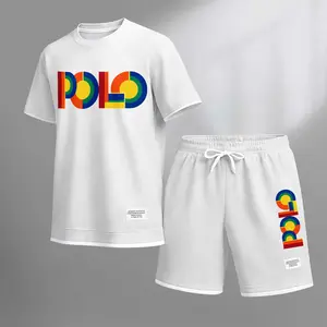 Men's Polo Print Drawstring Shorts Set For Spring/Summer. A Casual Summer Outfit, Including A Short-Sleeved Shirt And Shorts, Suitable For Everyday Wear And Sports. A Two-Piece Set For A Relaxed And Energetic Lifestyle.