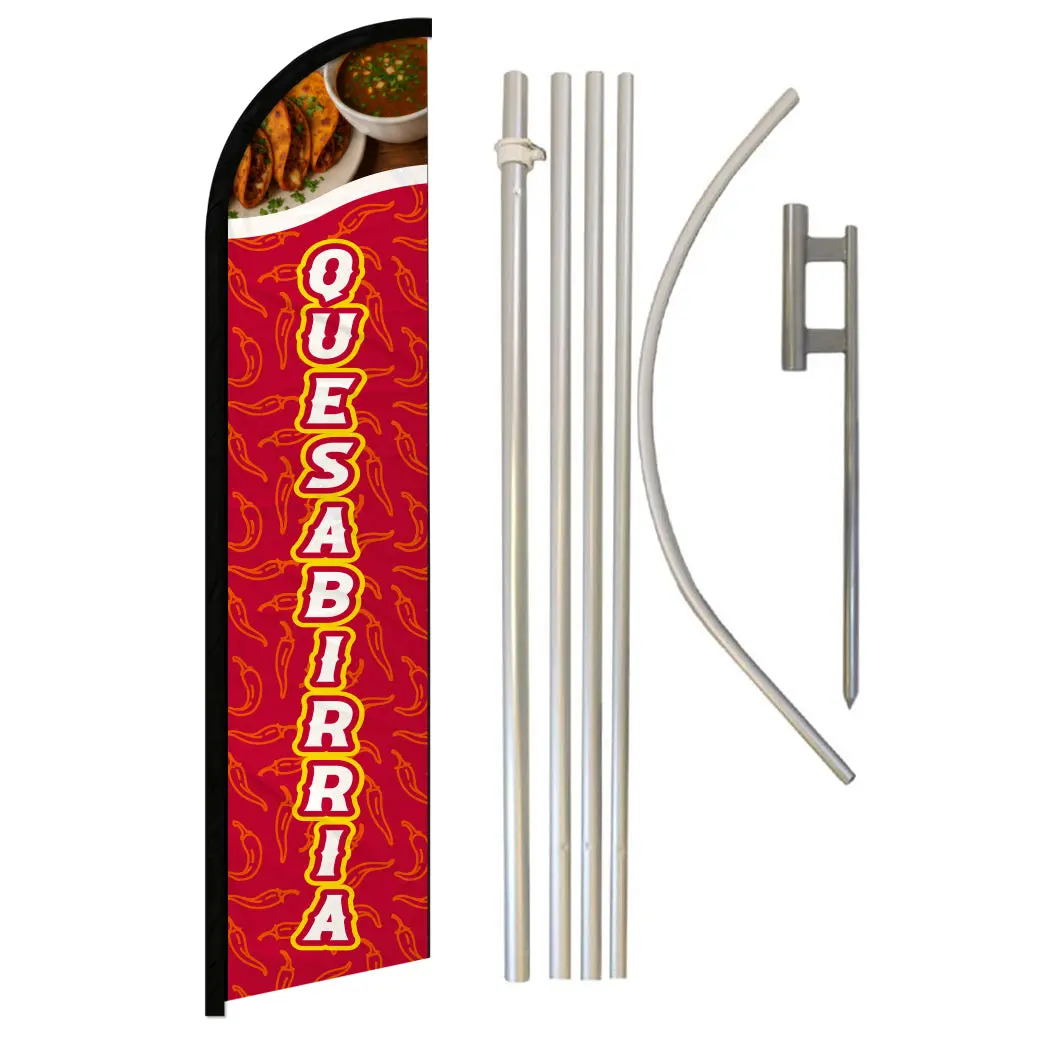Quesabirria Chile Windless Vertical Flag Complete Kit - 11.5x2.5 ft Durable Synthetic Polyester Banner, Steel-Aluminium Frame, Easy-Install 16ft Tall Advertising Home Supplies for Business Outdoor Display