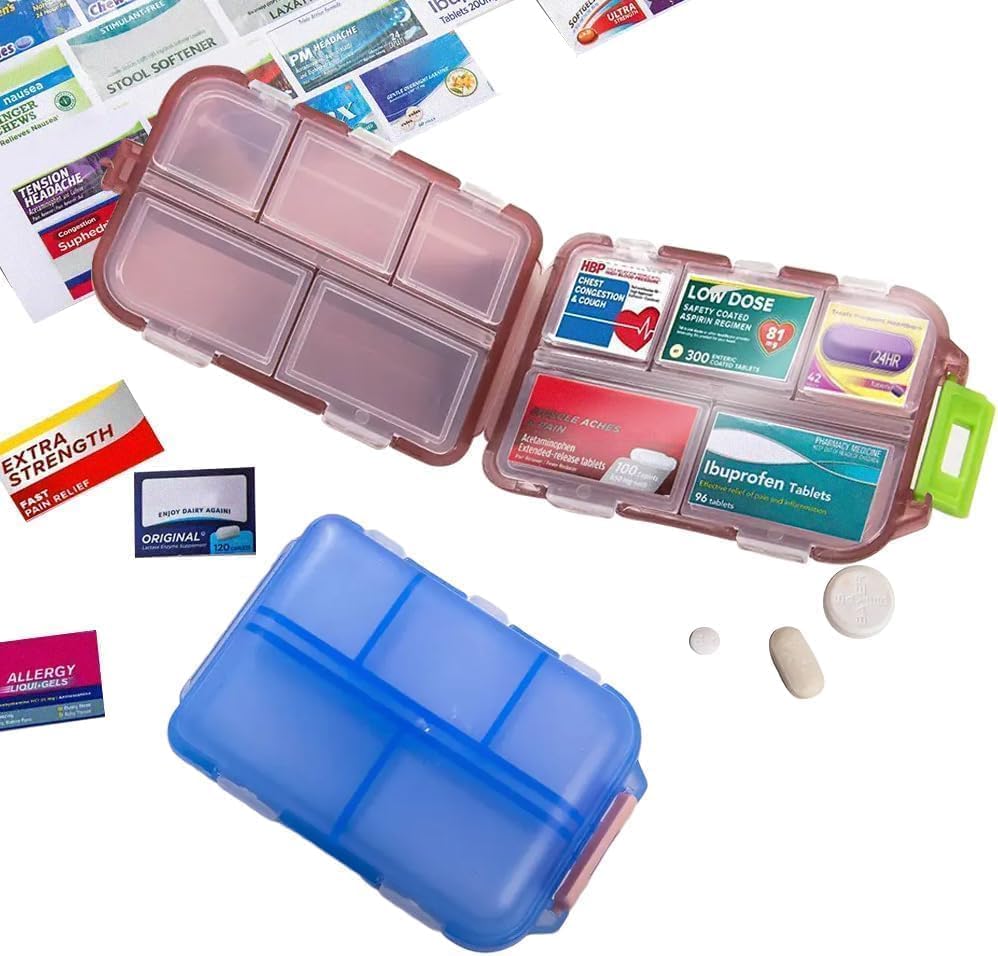 Pill Organizer with Medicine Labels Travel Daily Pill Container Mini Medication Organizer Storage Pill Organizer Travel Essentials Pill Case 7 Day (Pink & 161 Lables)