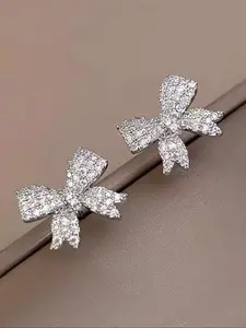 Women's Elegant Bow Design Stud Earrings, High Quality Earrings, Rhinestone Embellished Jewelry for All Seasons, Perfect for Daily Wear & Special Occasions