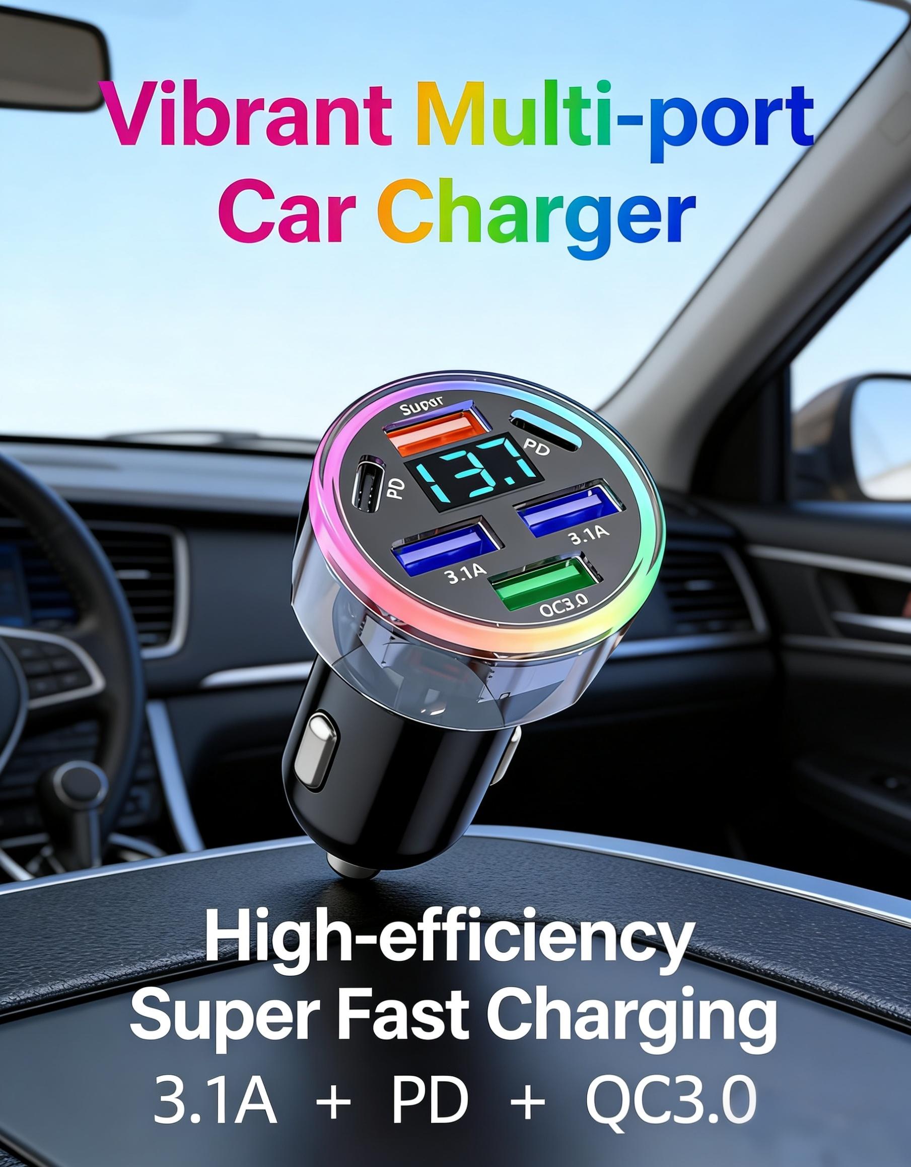 6-Port 120W Fast Car Charger (4USB + 2PD) ️ Supports QC3.0 | 12V-24V Universal | Anti-Shake Design.