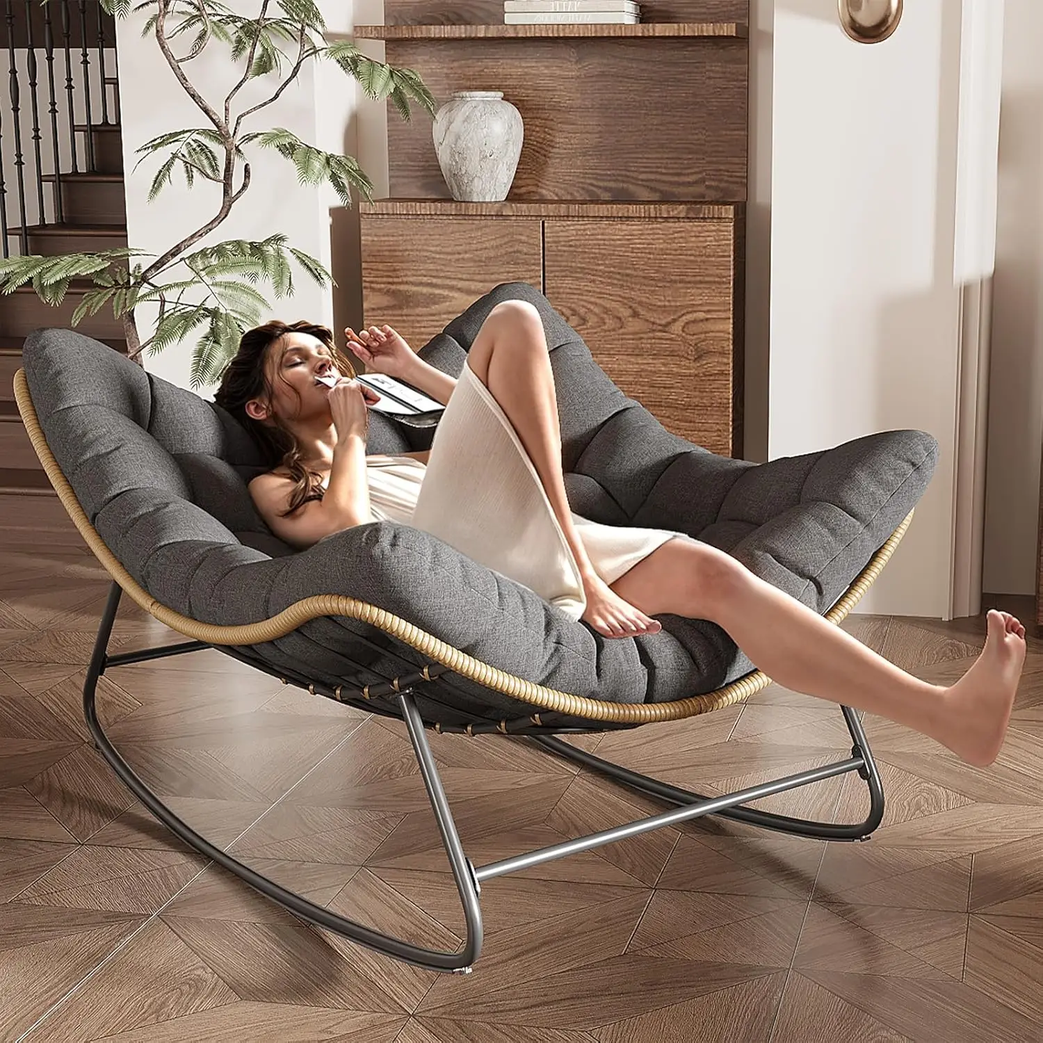 [Labor Day]Amopatio Outdoor/Indoor Papasan Chair, Oversized Egg Rocking Chair with Thick Cushion for Bedroom,Folding Lounger for Patio/Garden/Backyard